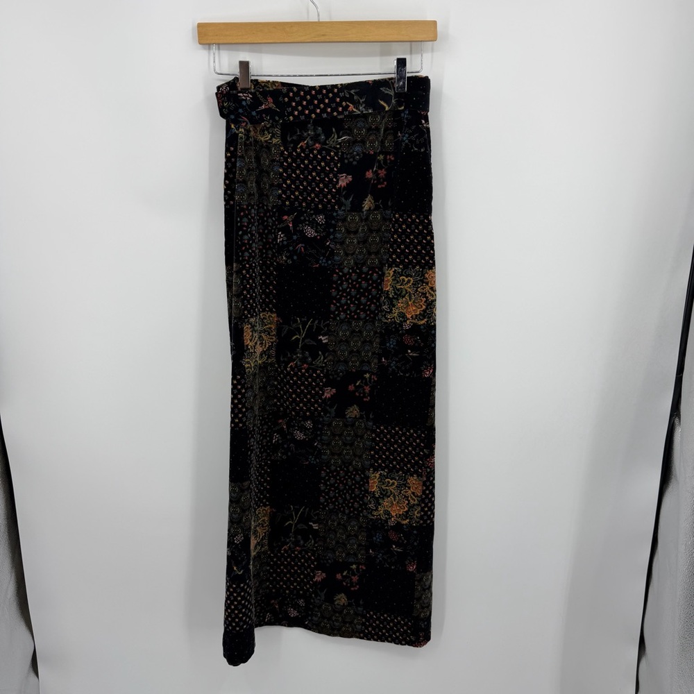 Vintage Black Velvet Moody Witchy Patchwork Floral Pattern Maxi Skirt sz XS belt - Picture 3 of 9